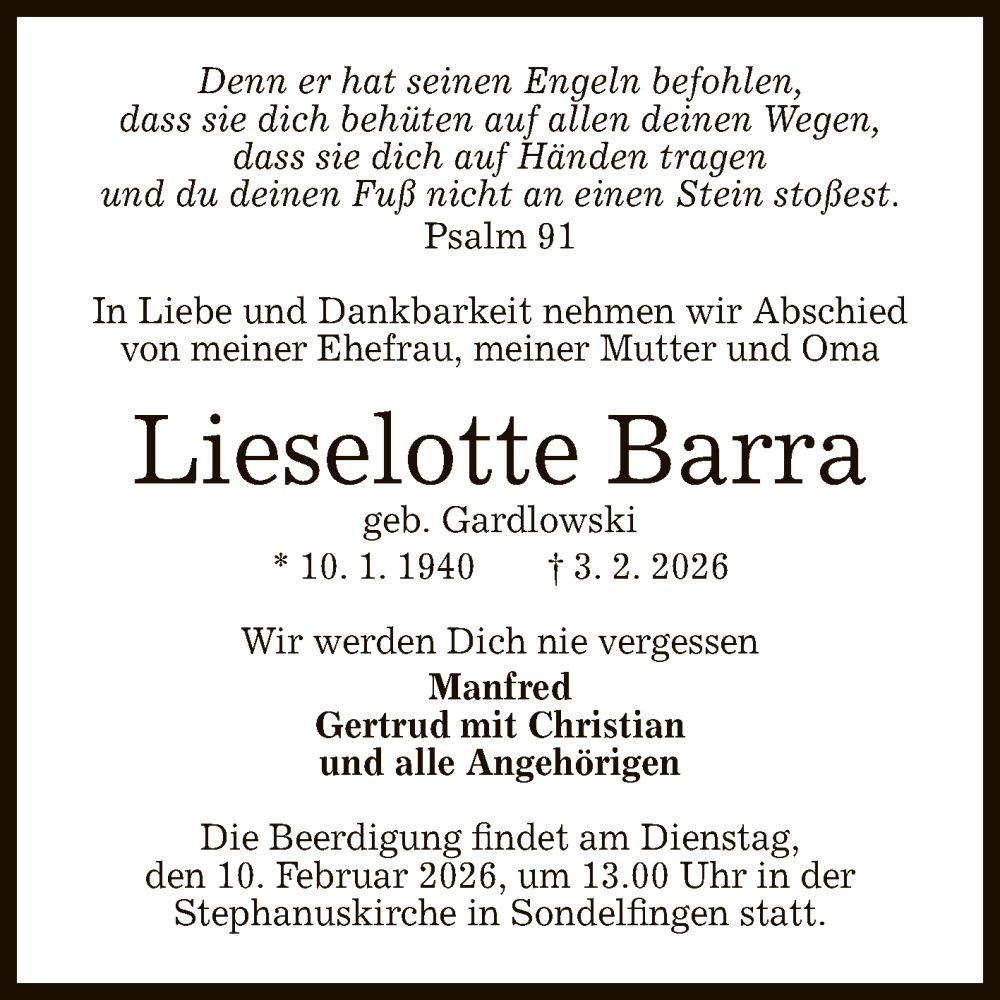  Traueranzeige für Lieselotte Barra vom 07.02.2026 aus Reutlinger General-Anzeiger