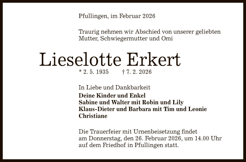  Traueranzeige für Lieselotte Erkert vom 21.02.2026 aus Reutlinger General-Anzeiger