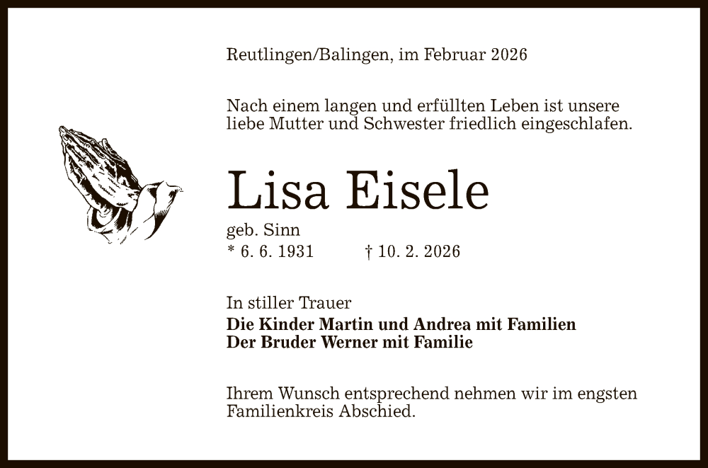  Traueranzeige für Lisa Eisele vom 21.02.2026 aus Reutlinger General-Anzeiger
