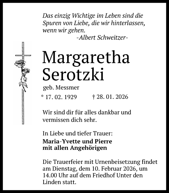 Anzeige von Margaretha Serotzki von Reutlinger General-Anzeiger