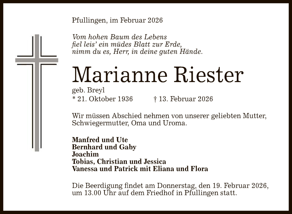  Traueranzeige für Marianne Riester vom 17.02.2026 aus Reutlinger General-Anzeiger