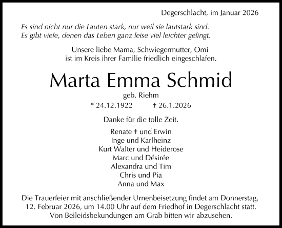 Anzeige von Marta Emma Schmid von Reutlinger General-Anzeiger