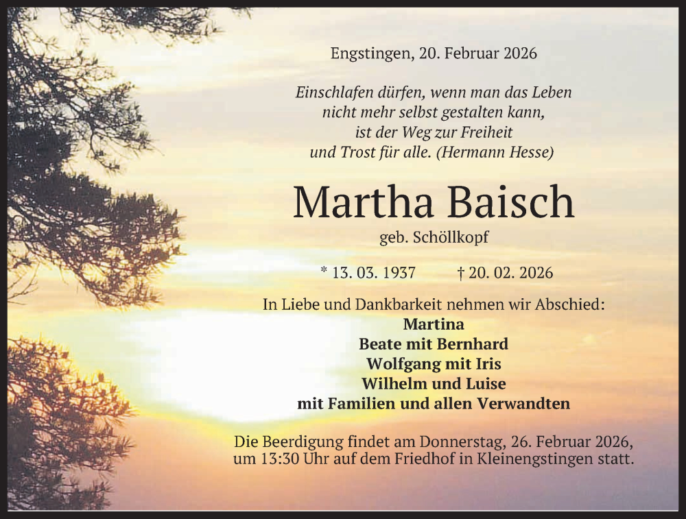  Traueranzeige für Martha Baisch vom 24.02.2026 aus Reutlinger General-Anzeiger