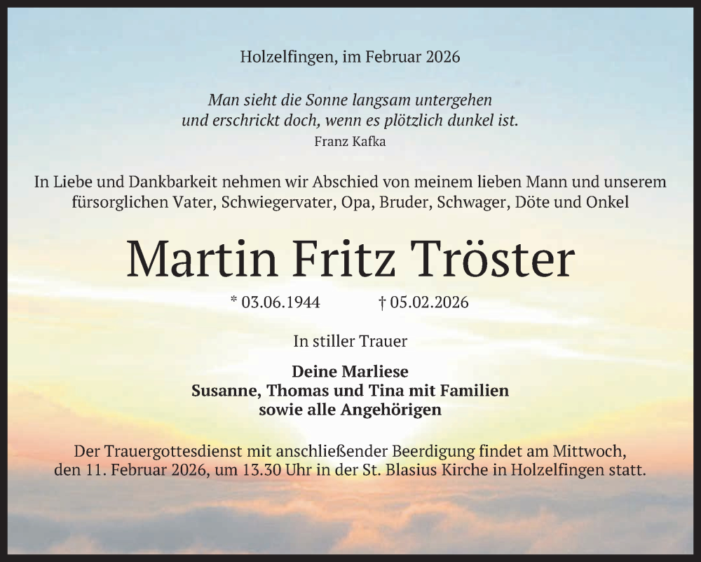  Traueranzeige für Martin Fritz Tröster vom 09.02.2026 aus Reutlinger General-Anzeiger