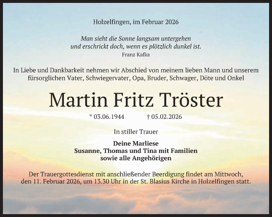 Anzeige von Martin Fritz Tröster von Reutlinger General-Anzeiger