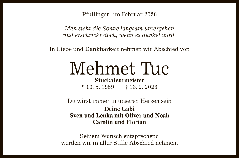  Traueranzeige für Mehmet Tuc vom 18.02.2026 aus Reutlinger General-Anzeiger