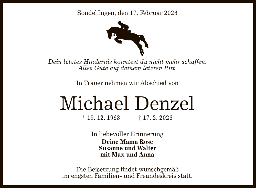 Traueranzeige für Michael Denzel vom 28.02.2026 aus Reutlinger General-Anzeiger