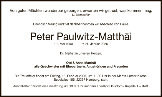Anzeige von Peter Paulwitz-Matthäi von Reutlinger General-Anzeiger