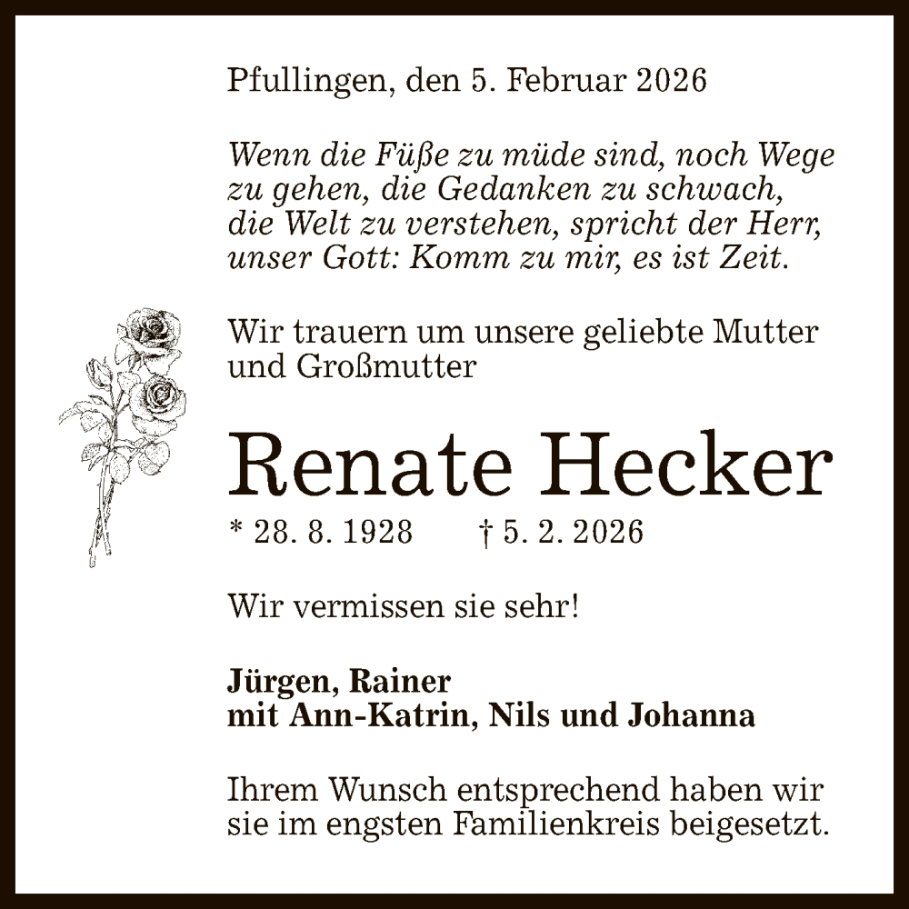  Traueranzeige für Renate Hecker vom 28.02.2026 aus Reutlinger General-Anzeiger