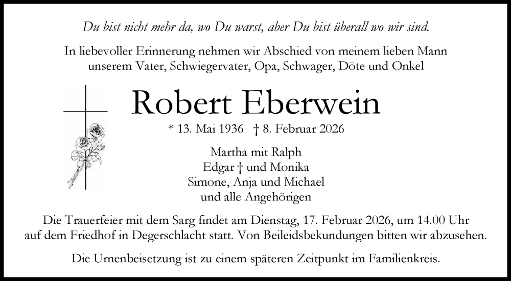  Traueranzeige für Robert Eberwein vom 13.02.2026 aus Reutlinger General-Anzeiger