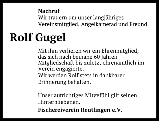 Anzeige von Rolf Gugel von Reutlinger General-Anzeiger