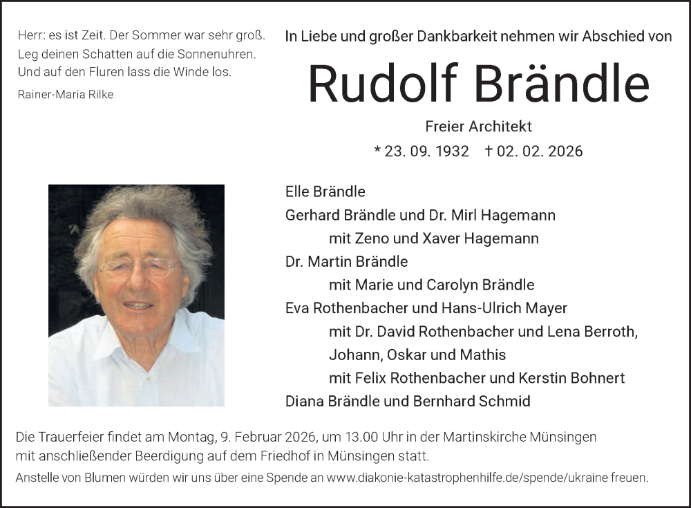  Traueranzeige für Rudolf Brändle vom 07.02.2026 aus Reutlinger General-Anzeiger