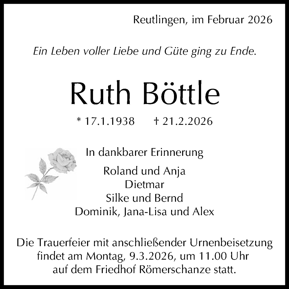  Traueranzeige für Ruth Böttle vom 28.02.2026 aus Reutlinger General-Anzeiger