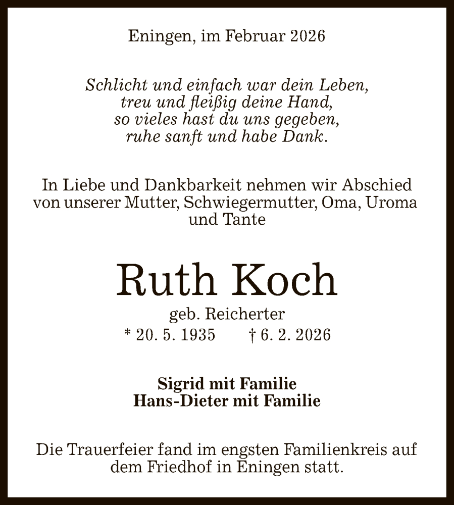  Traueranzeige für Ruth Koch vom 21.02.2026 aus Reutlinger General-Anzeiger