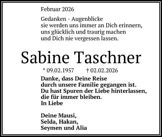 Anzeige von Sabine Taschner von Reutlinger General-Anzeiger
