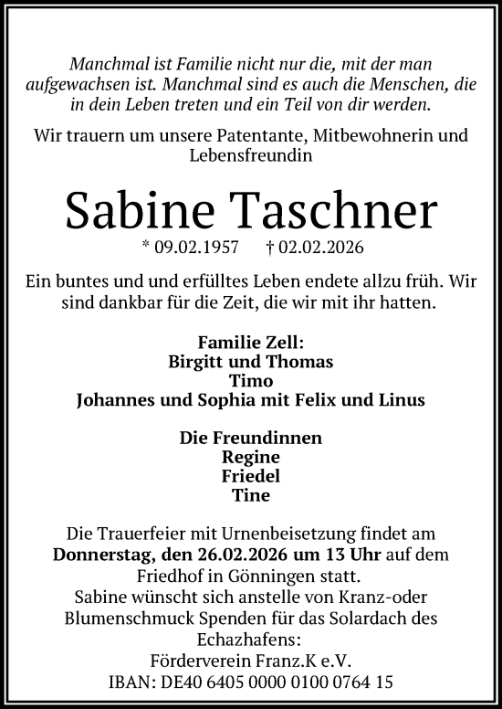 Anzeige von Sabine Taschner von Reutlinger General-Anzeiger