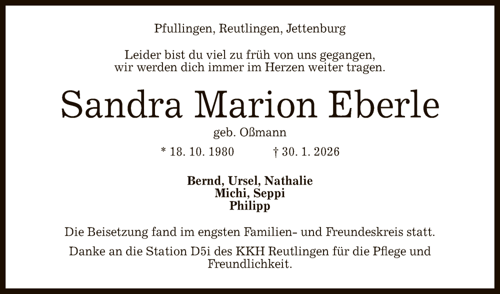  Traueranzeige für Sandra Marion Eberle vom 21.02.2026 aus Reutlinger General-Anzeiger