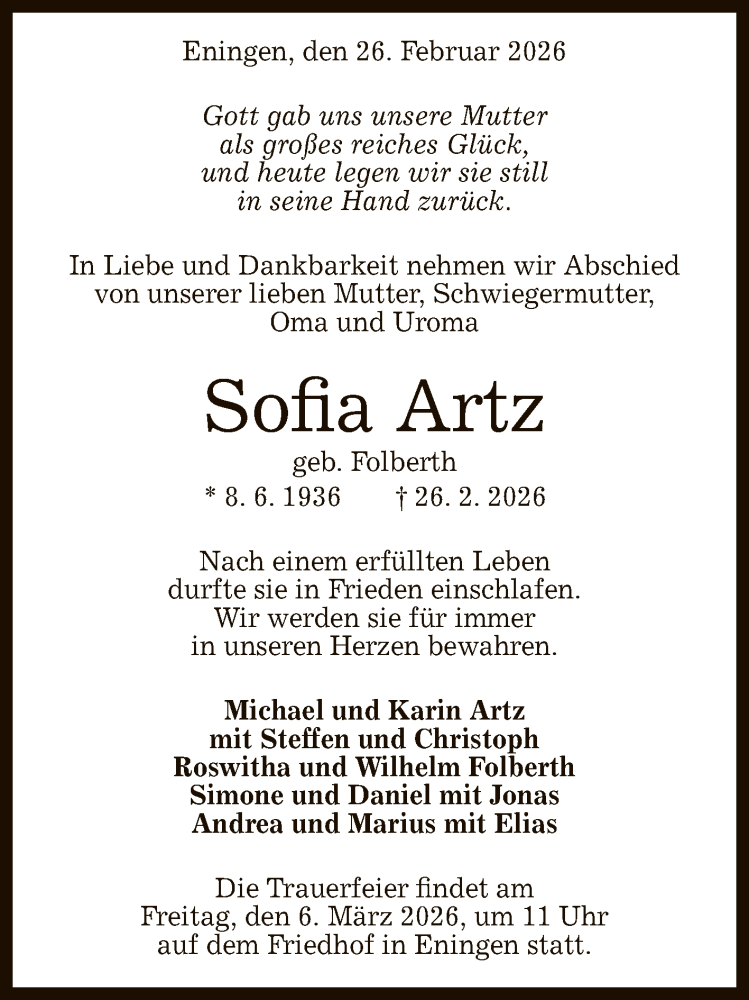  Traueranzeige für Sofia Artz vom 28.02.2026 aus Reutlinger General-Anzeiger