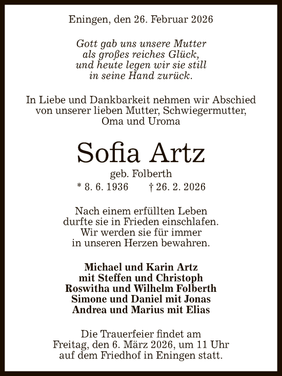 Anzeige von Sofia Artz von Reutlinger General-Anzeiger