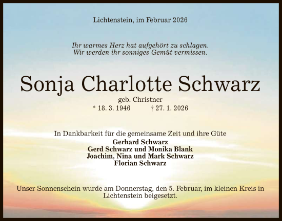 Anzeige von Sonja Charlotte Schwarz von Reutlinger General-Anzeiger