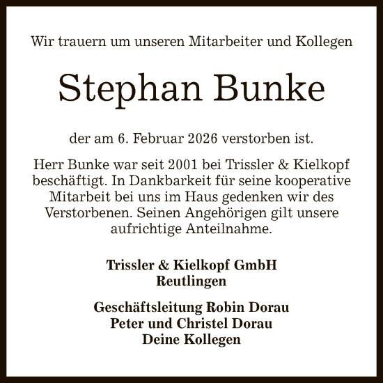 Anzeige von Stephan Bunke von Reutlinger General-Anzeiger