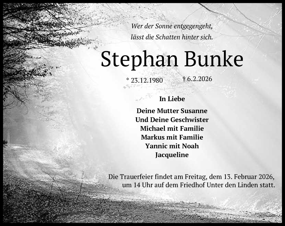  Traueranzeige für Stephan Bunke vom 10.02.2026 aus Reutlinger General-Anzeiger