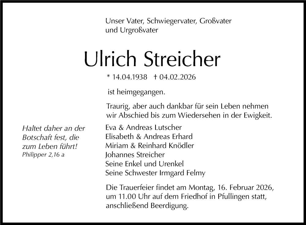  Traueranzeige für Ulrich Streicher vom 12.02.2026 aus Reutlinger General-Anzeiger