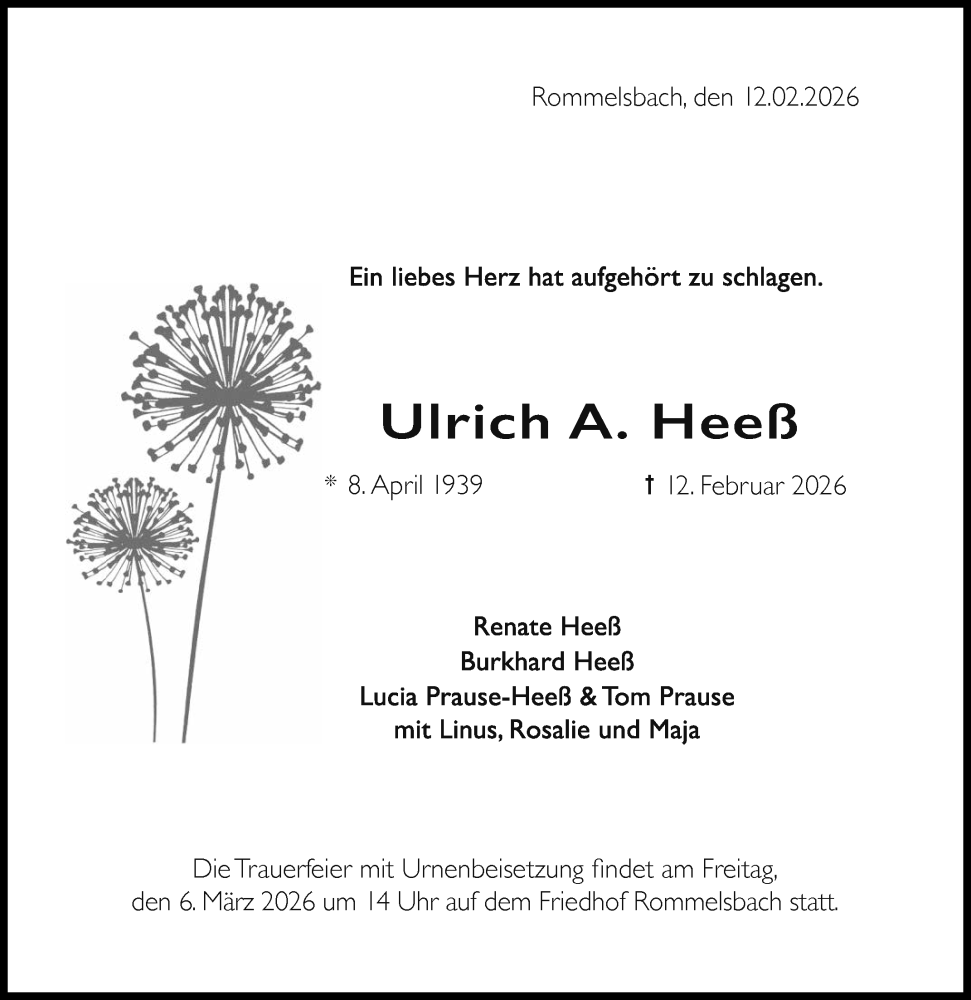  Traueranzeige für Ulrich A. Heeß vom 28.02.2026 aus Reutlinger General-Anzeiger