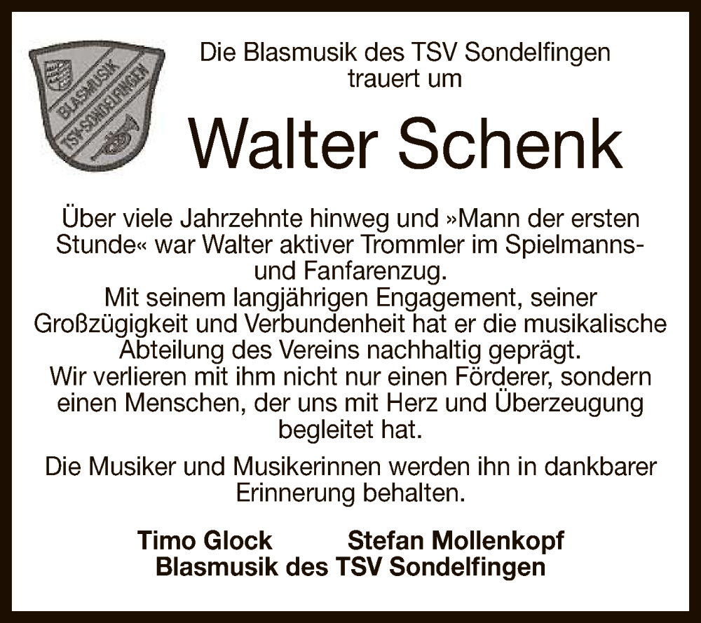  Traueranzeige für Walter Schenk vom 04.02.2026 aus Reutlinger General-Anzeiger