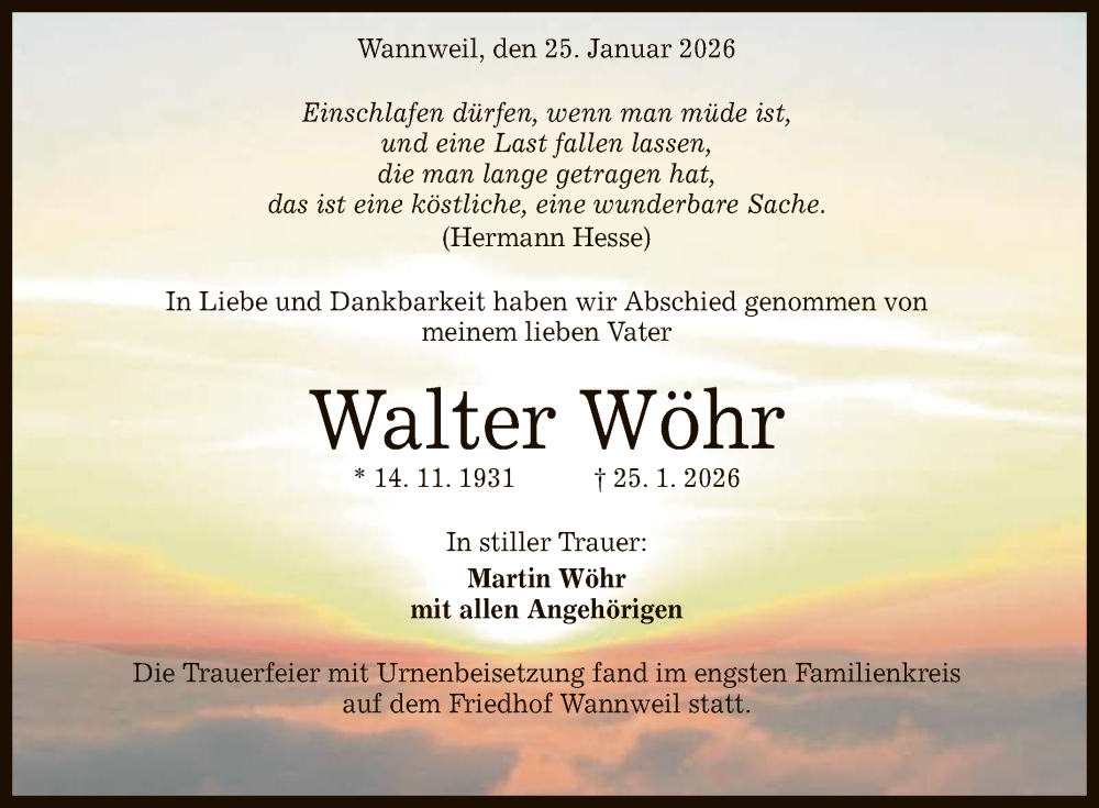  Traueranzeige für Walter Wöhr vom 07.02.2026 aus Reutlinger General-Anzeiger