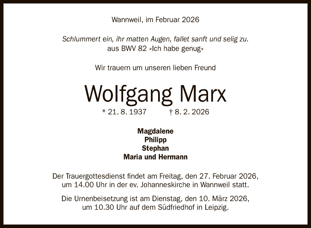  Traueranzeige für Wolfgang Marx vom 21.02.2026 aus Reutlinger General-Anzeiger