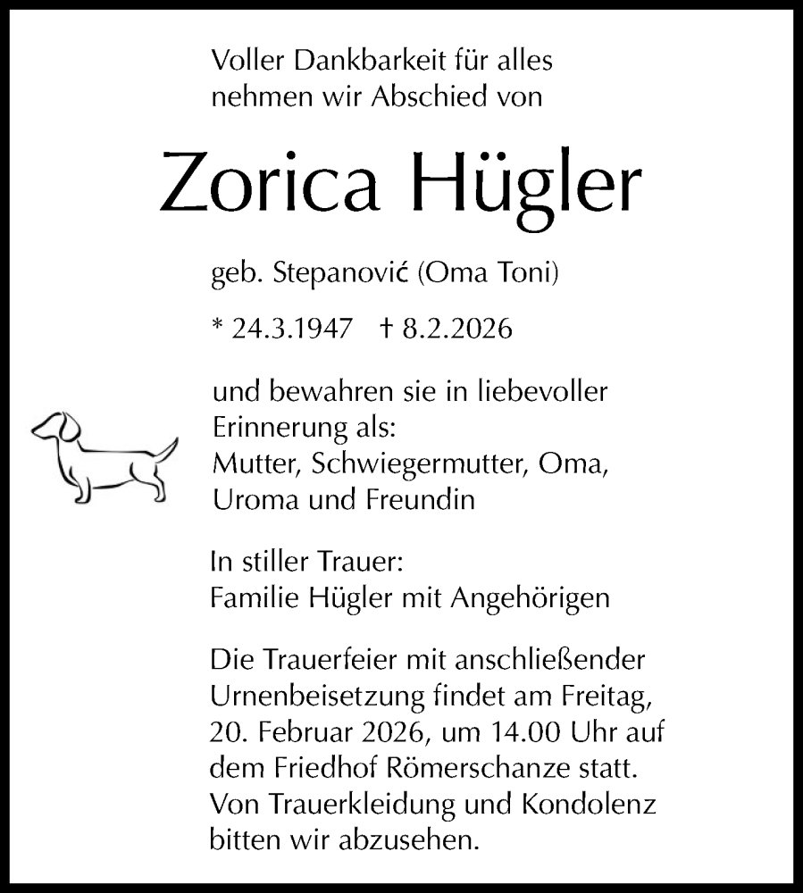  Traueranzeige für Zorica Hügler vom 16.02.2026 aus Reutlinger General-Anzeiger
